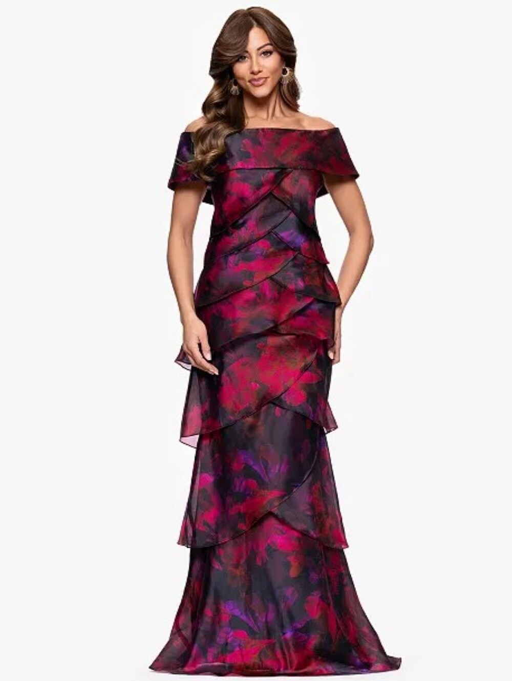 Xscape One-Shoulder Tiered Floral Evening Gown in Magenta and Black